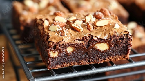 Obraz na płótnie Rich chocolate brownies with almond chunks embedded inside, gooey and delicious w salonie