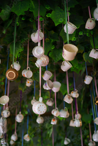 Various ceramic teacups hanging on colorful ribbons from a ceiling covered in ivy. Springtime and Easter holiday.