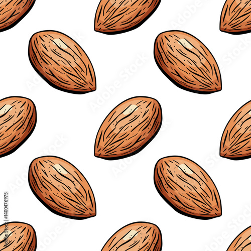 Seamless almond pattern in colorful engraved vector style