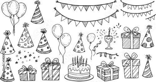 Set of party doodle. Sketch of Birthday decoration, gift box, cake, party hats in sketch style. Hand drawn vector illustration isolated on white background.