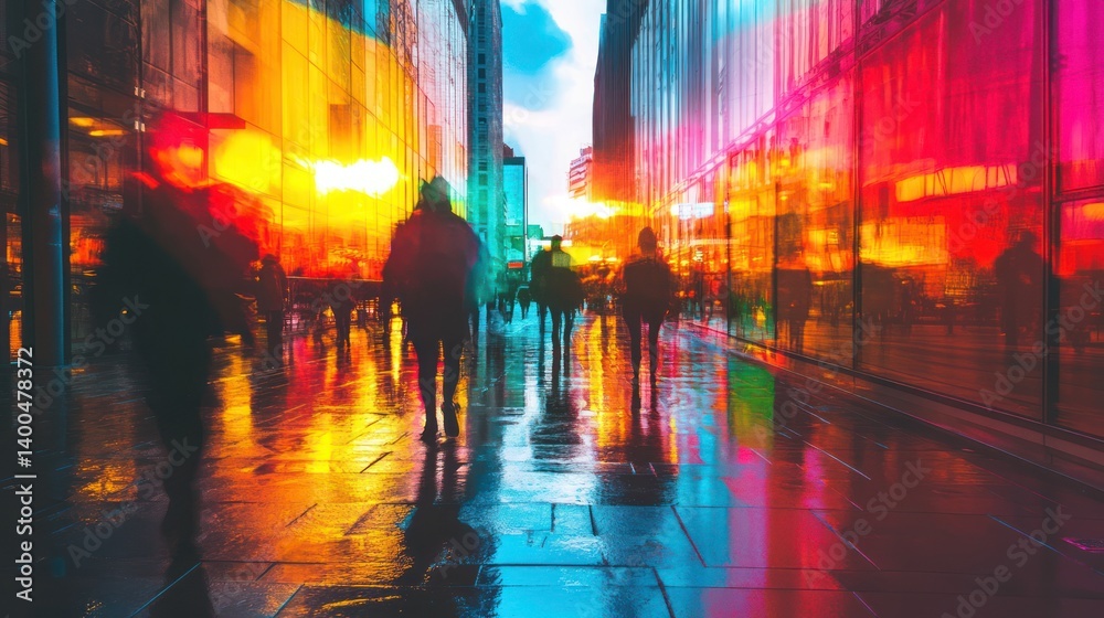 Obraz premium Vibrant urban scene with blurred figures and dynamic reflections on wet pavement