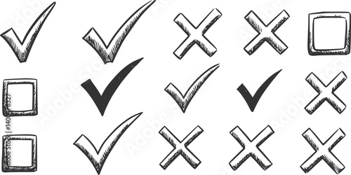 Check marks doodle set. Checkbox, checklist, tick and cross signs, v and x in sketch style. Hand drawn vector illustration isolated on white background