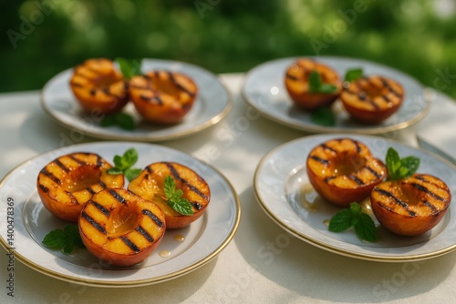 Grilled Peaches Served on Elegant Plates With Mint in a Sunny Outdoor Setting