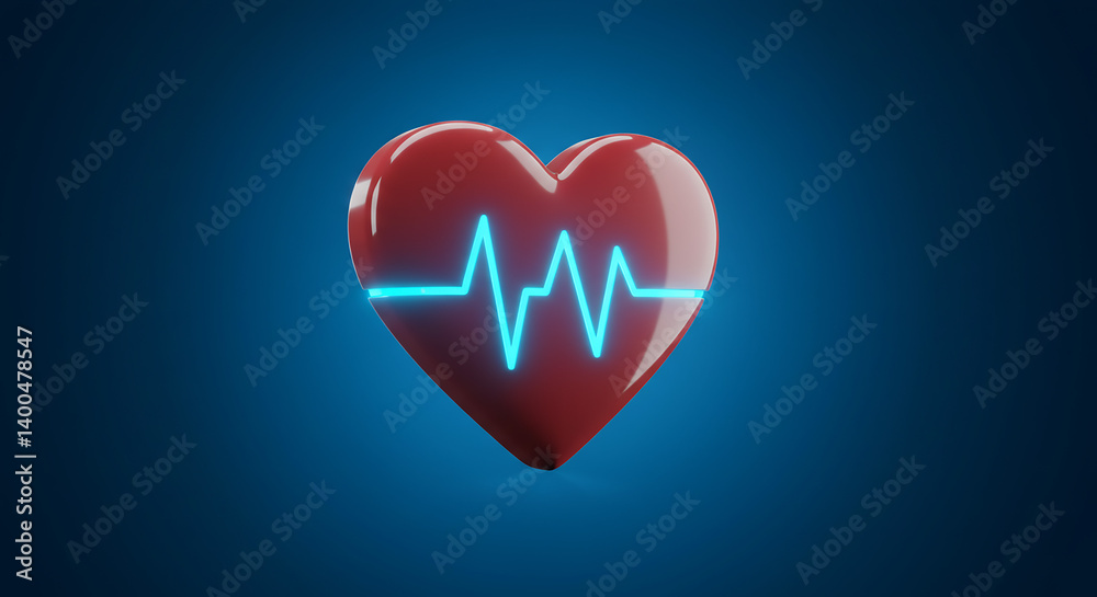 Red heart with a blue electrocardiogram line on a dark blue background in a digital rendering Red heart with a blue electrocardiogram line on a dark blue background in a digital rendering