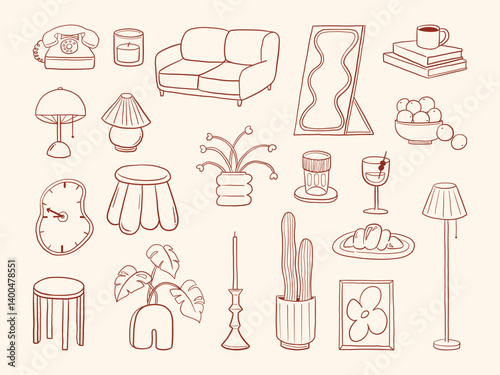 Hand Drawn Home Interior Decor Element. A curated collection of 20 hand drawn home decor icons including lamps chairs plants food drinks clocks mirrors and more in modern minimal line style