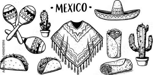 Mexico doodle set. Elements of mexican culture: maracas, poncho, cactus, taco, burrito in sketch style. Hand drawn vector illustration isolated on white background
