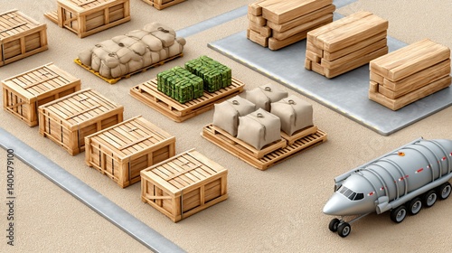 Modern air logistics system showing cargo manifest display, packed crates, and aircraft lined for dispatch