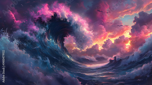 Dramatic Ocean Wave Under Sunset Sky with Pink and Gold Clouds and Sparkling Water