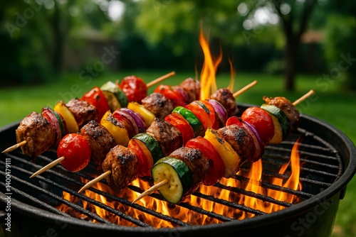 Grilling Skewers of Meat and Vegetables in Backyard During Summer Barbecue at...