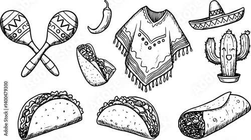 Mexico doodle set. Elements of mexican culture: maracas, poncho, cactus, taco, burrito in sketch style. Hand drawn vector illustration isolated on white background