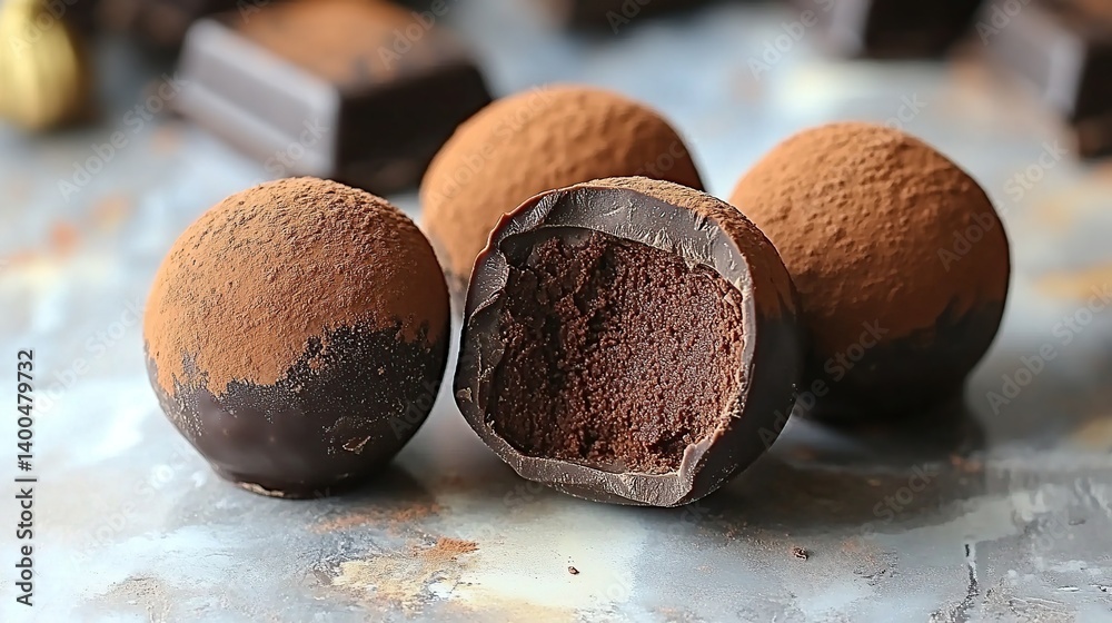 Dark chocolate truffle with smooth cocoa powder coating, creamy chocolate ganache inside