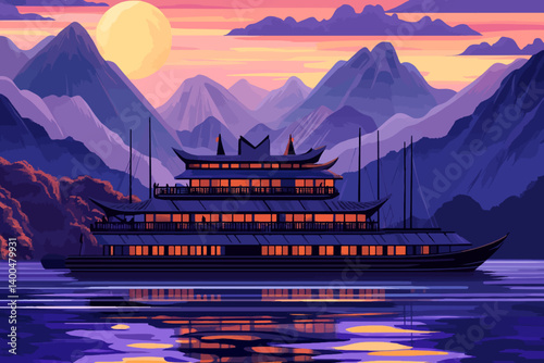 Old wooden ship sunset landscape 