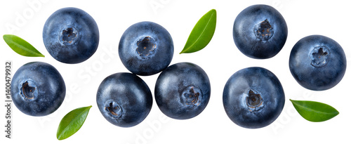 Blueberry isolated png. Blueberry with leaves top view on transparent background. Perfect retouched blueberry no background. Png blueberries collection. Full depth of field.