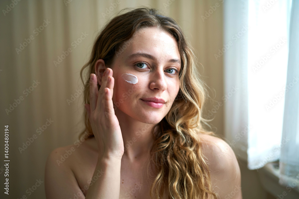 Close-up portrait of beautiful freckled woman with red hair and green eyes applying skincare serum or healing clay on face – beauty, skincare, cosmetic, natural glow, isolated on white Close-up portrait of beautiful freckled woman with red hair and green eyes applying skincare serum or healing clay on face – beauty, skincare, cosmetic, natural glow, isolated on white