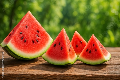 Freshly Sliced Watermelon on Rustic Wooden Table in Summer Garden Setting