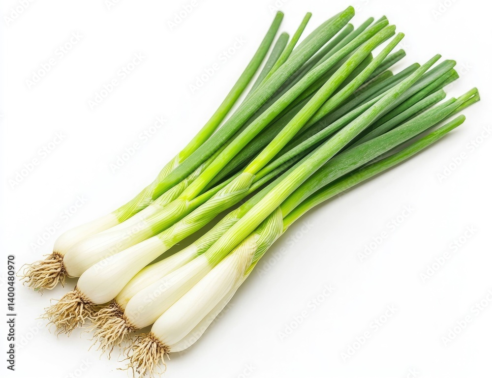 Fresh green scallions, tightly clustered, with roots Fresh green scallions, tightly clustered, with roots