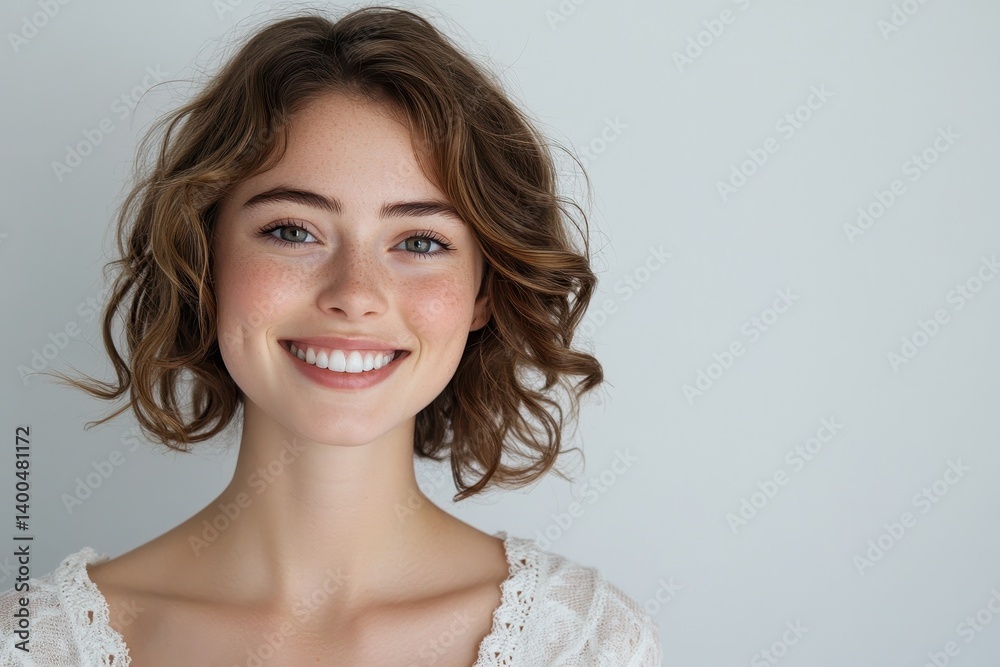 Young woman with natural beauty smiles brightly, showcasing white teeth against a soft neutral background in a studio setting Young woman with natural beauty smiles brightly, showcasing white teeth against a soft neutral background in a studio setting
