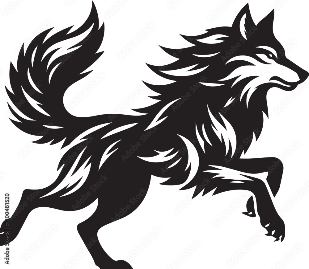 Obraz premium Running Wolf Silhouette Vector – Bold Black Wild Animal Illustration for Logos or Prints