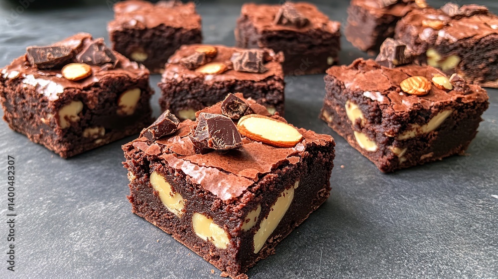 Rich chocolate brownies with smooth fudge and a topping of crunchy almonds