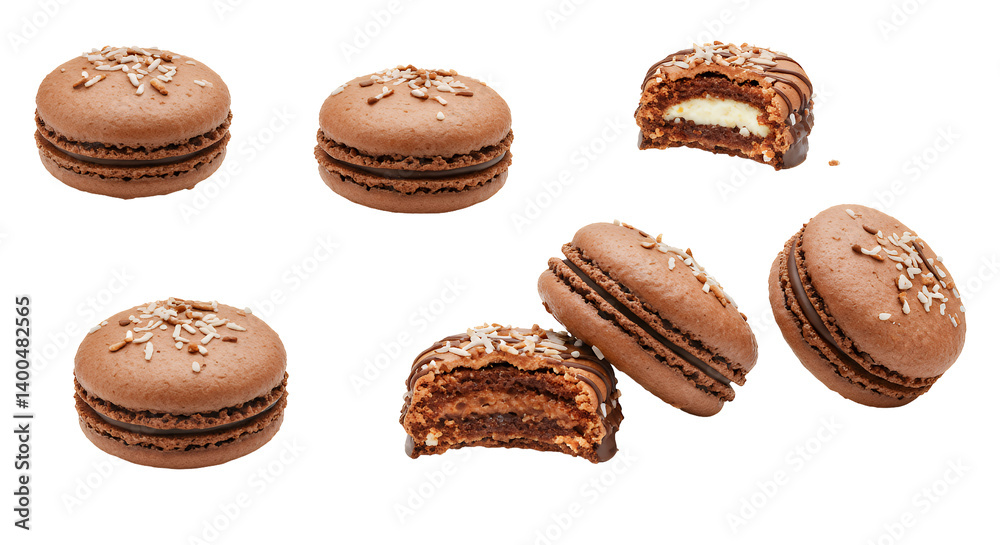 Brown Chocolate Macarons with Coconut Flakes on Transparent Background Brown Chocolate Macarons with Coconut Flakes on Transparent Background