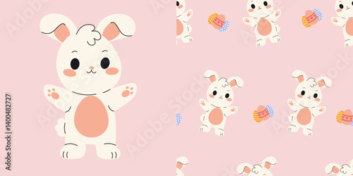 Flat style illustration of a cute Easter bunny standing with open arms, repeated seamlessly on a pink background with eggs, perfect for spring-themed design and holiday decor.
