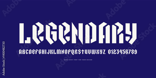 Stencil-plate sans serif font in black letter style. Letters and numbers for logo and emblem design. White print on blue background