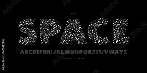 Decorative sans serif font with night starry texture. Letters for headline and emblem design. White print on black background