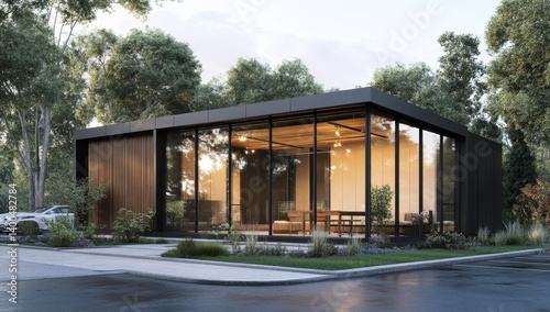 Modern minimalist contemporary home exterior with large glass windows, dark wood accents, and lush landscaping