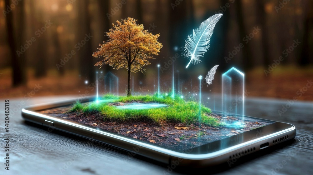 Exploring a miniature forest on a smartphone with lush greenery and enchanted elements