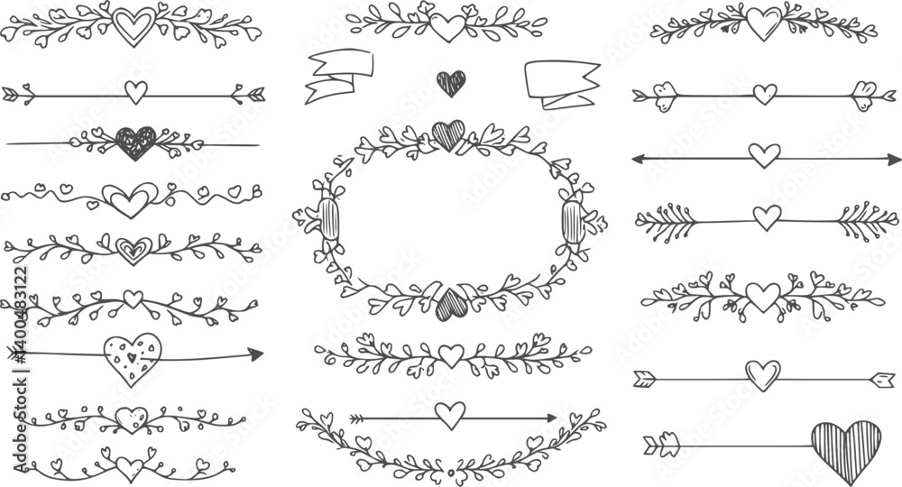 Text dividers with hearts doodle set. Wedding decorative elements. Separate ornament, borders, lines. Hand drawn vector illustration isolated on white background
