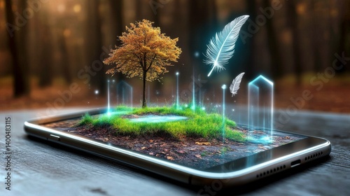Obraz na płótnie Exploring a miniature forest on a smartphone with lush greenery and enchanted elements w salonie