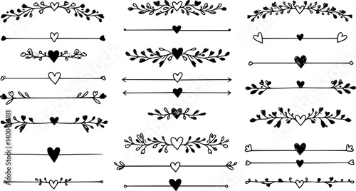 Text dividers with hearts doodle set. Wedding decorative elements. Separate ornament, borders, lines. Hand drawn vector illustration isolated on white background