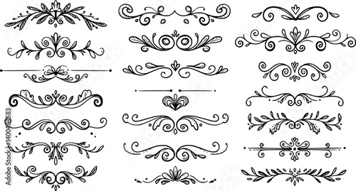 Text dividers doodle set. Wedding decorative elements. Divider ornament, borders, vintage line separators. Hand drawn vector illustration isolated on white background