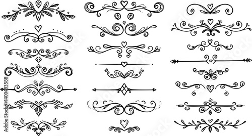 Text dividers with hearts doodle set. Wedding decorative elements. Separate ornament, borders, lines. Hand drawn vector illustration isolated on white background