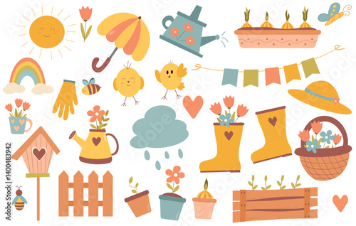 Big spring set with cartoon hand drown elements. Spring flowers, little chick, watering can, tulips, rainbow, flowers in pots and seedlings in pots,  gardening tools. Springtime concept. Clipart.