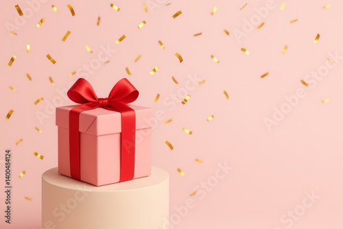 Gift Box With Red Ribbon Surrounded by Golden Confetti on a Pastel Pink Backg...
