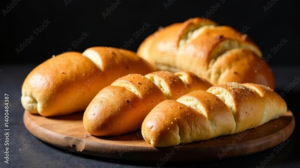 Freshly baked golden bread rolls arranged on wooden tray in warm lighting setup. Freshly baked golden bread rolls arranged on wooden tray in warm lighting setup.