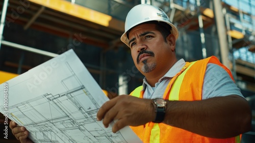 A Hispanic construction foreman reviewing blueprints at an active building site. Featuring leadership and planning