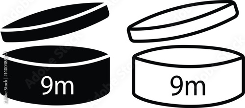 Set of Round tub with cap opened black flat and line styles. Periods After Opening 9 months, shelf life vectors illustration. Pao expiration date packaging symbols isolated on transparent background.