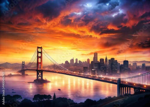 Golden Gate Bridge Sunset Cityscape Double Exposure Stock Photo