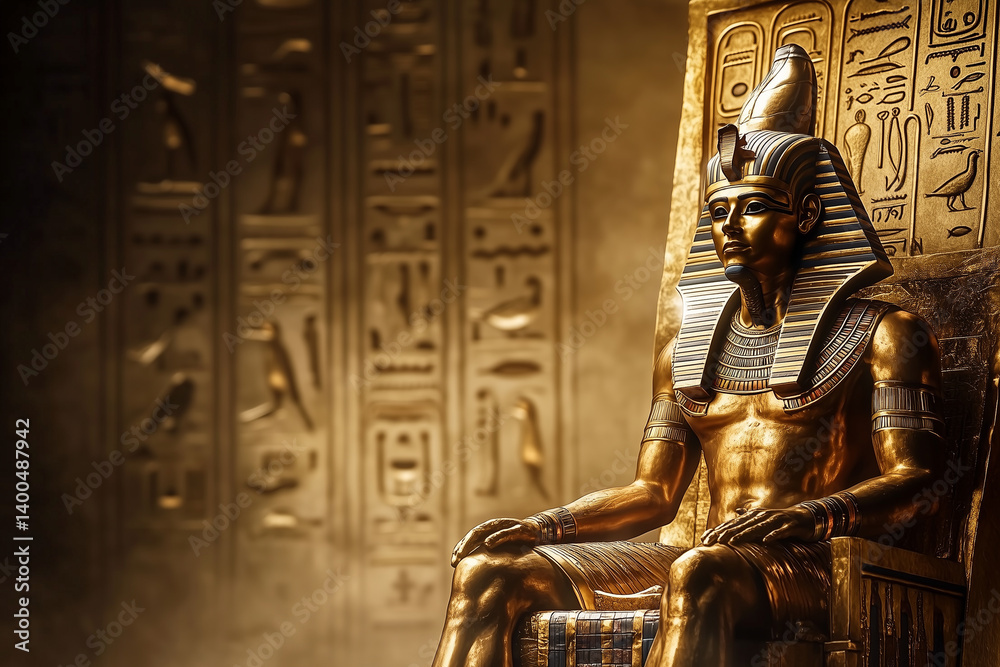 Fototapeta premium Ancient Egyptian Statue On Ornate Throne With Hieroglyphs Background