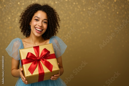 Smiling Woman Holds a Gift Box While Wearing a Light Blue Dress Against a Shi...