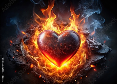 Glowing Heart in Flames, Cracked Charcoal - Passion, Resilience Stock Photo