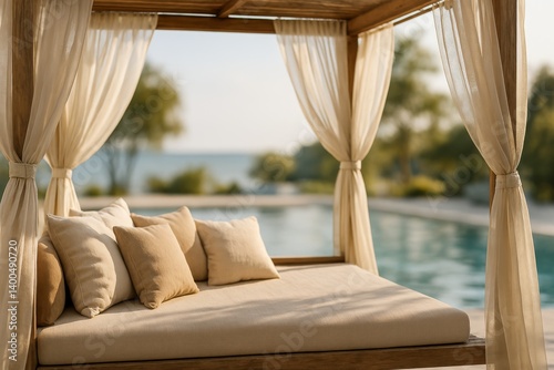 Cozy Outdoor Lounge Set Near a Serene Poolside at Sunset