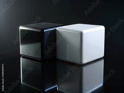 Glossy Black and White Cubes on Dark Background - Abstract Minimalist Stock Photo