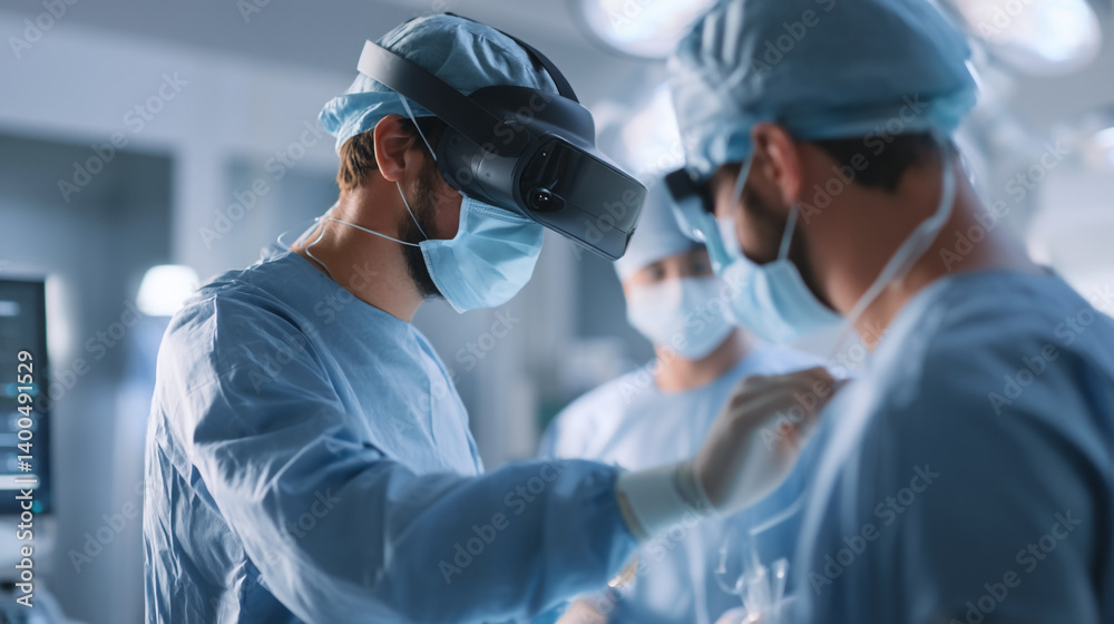 Surgeon wearing vr headset in operating room with medical team performing a surgery procedure Surgeon wearing vr headset in operating room with medical team performing a surgery procedure