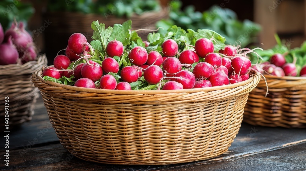 Freshly picked radishes overflowing a rustic wicker basket at the farmers market Freshly picked radishes overflowing a rustic wicker basket at the farmers market
