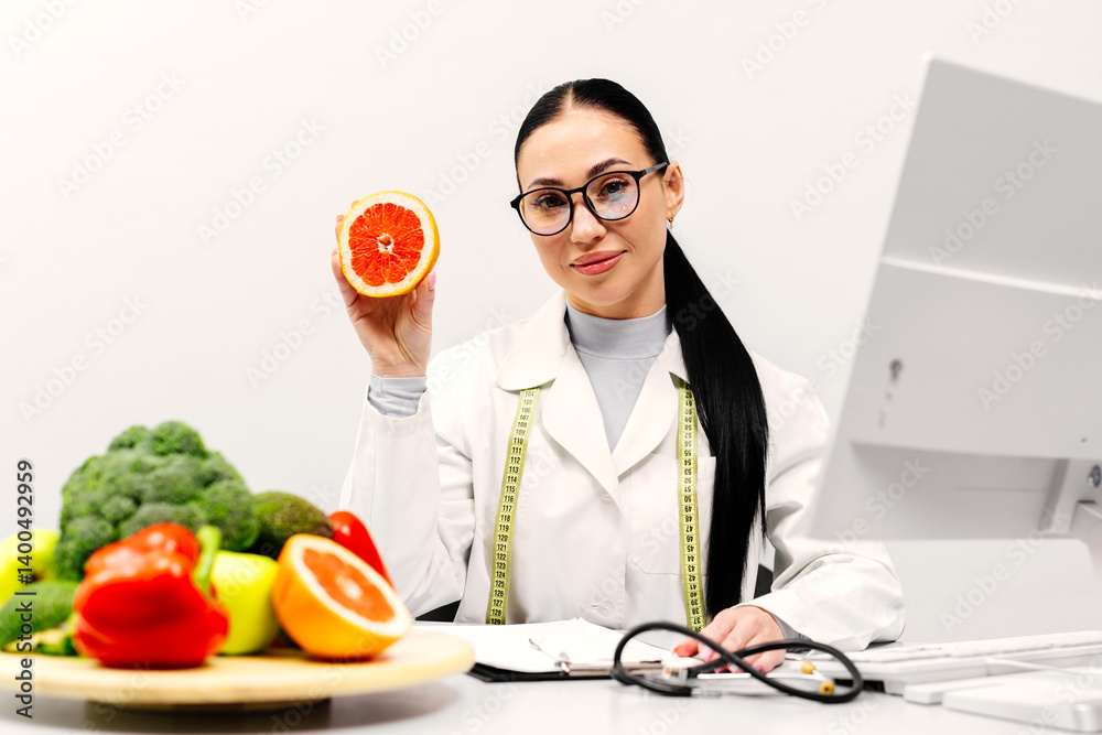 A young female nutritionist points out fresh fruits and vegetables. Broccoli, apple, avocado, celery, peppers, orange. Concept of the importance of healthy eating. A young female nutritionist points out fresh fruits and vegetables. Broccoli, apple, avocado, celery, peppers, orange. Concept of the importance of healthy eating.