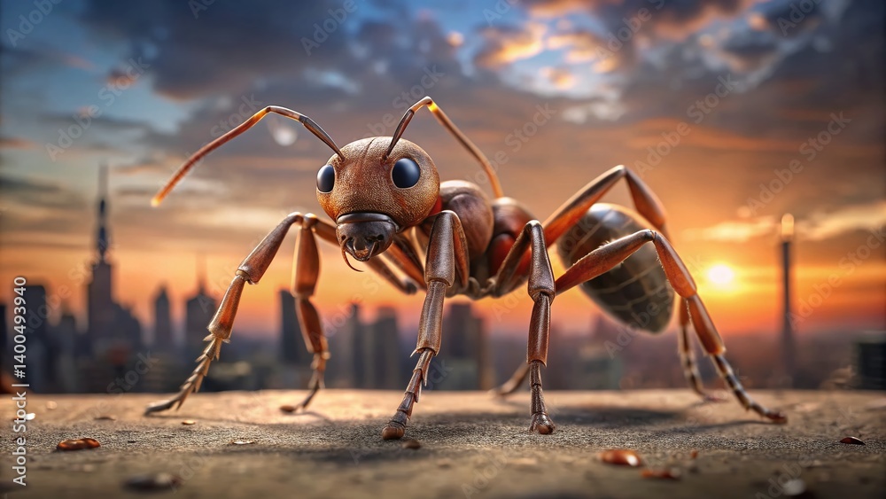 Fototapeta premium Giant Ant Macro Cityscape - Panoramic Insect Photography