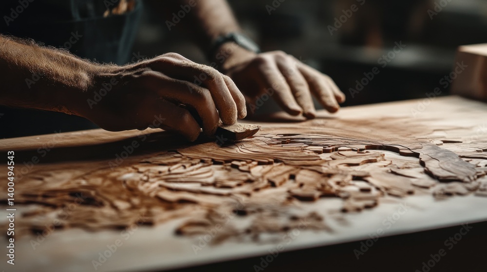 Obraz premium Carpenter cutting intricate wood designs for custom furniture. Featuring precision and artistry